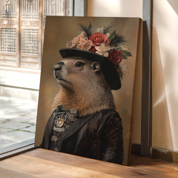 Velto Prairie Dog Portrait Canvas, Victorian Floral Hat Wall Art, Whimsical Rodent Cottagecore Decor, SIZE 16x24 INCLUDE Pine Wood Frame 1.25-Inch