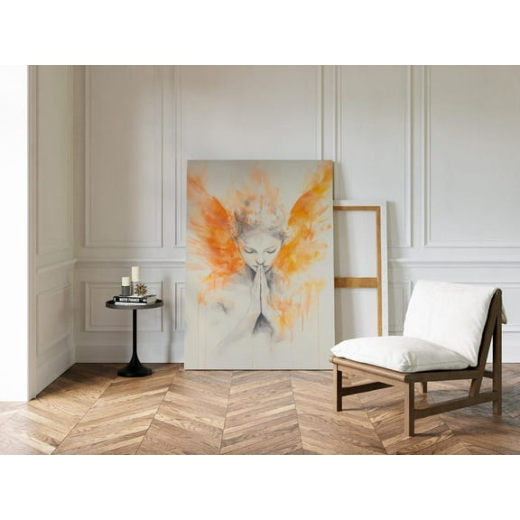 Velto Praying Angel Canvas Wall Art | Spiritual Abstract Christian | Orange Wings Modern Faith Decor | Peaceful Prayer Artwork, SIZE 8x10 INCLUDE Pine Wood Frame 0.75-Inch