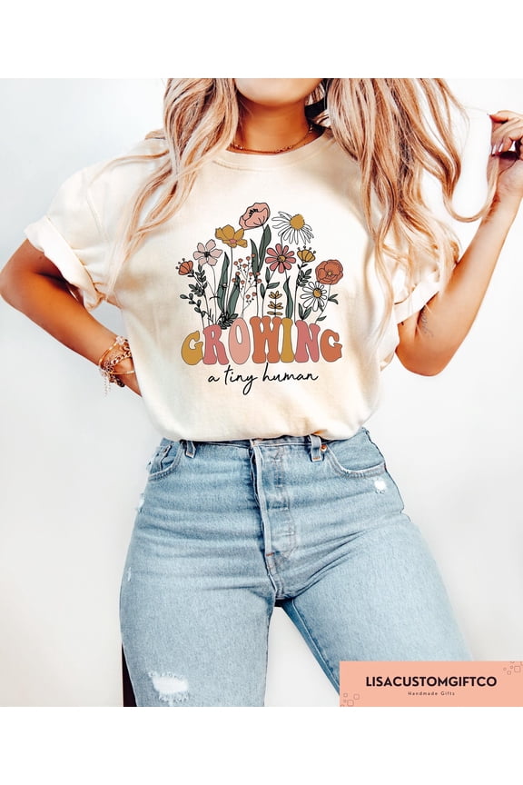 Pregnancy Announcement T-Shirt Growing a Tiny Human Graphic Tee for Expecting Moms, Full Size S-5XL