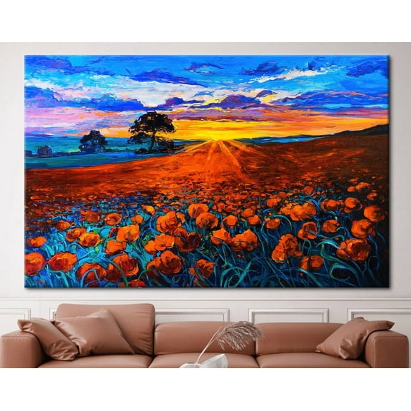 Velto Print, Sunset Landscape Contemporary Canvas, View Wall Decor, Filed Landscape Printed, Red Flower Field Printed Canvas, 16x24 UNFRAMED