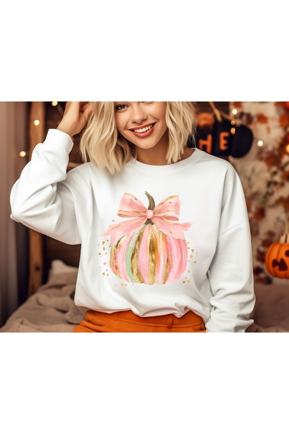 Pumpkin Bow Fall Sweatshirt, Girls Fall Coquette Bow Sweater,Brushstroke Coquette Pumpkin Crewneck,Retro Pumpkin Sweater,Fall Season Sweater All Size S-5XL