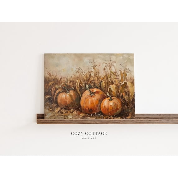Velto Pumpkin Field Canvas Wall Art Vintage Style Country Autumn Cottage Inspired Seasonal Decoration, SIZE 16x24 INCLUDE Pine Wood Frame 1.25-Inch