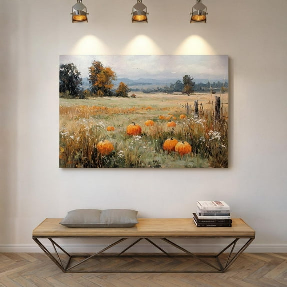 Velto Pumpkin Field In Autumn | Rustic Fall Landscape Wall Art With Golden Meadow Canvas, 16x24 UNFRAMED