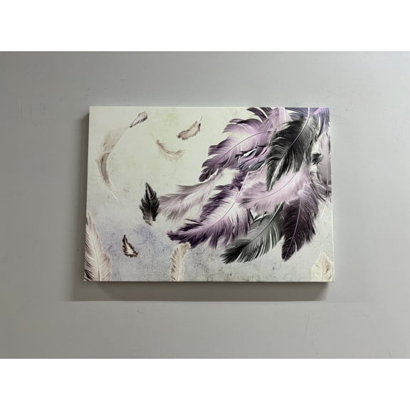 Velto Purple And Gray Feather, Purple Art Canvas, Feather Canvas Art, Contemporary Art Canvas, Modern Artwork, 8x10 0.75-Inch Pine Wood Frame