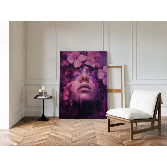 Velto Purple Flower Face Canvas, Surreal Woman Portrait Wall Art, Violet Petal Drip Modern Decor, SIZE 12x18 INCLUDE Pine Wood Frame 1.25-Inch