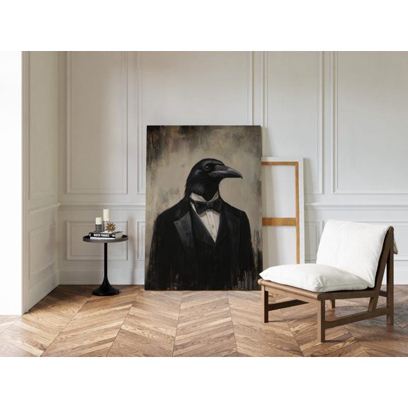 Velto Raven Portrait Canvas, Gothic Bird Wall Art, Formal Crow in Suit Decor, SIZE 8x12 INCLUDE Pine Wood Frame 1.25-Inch