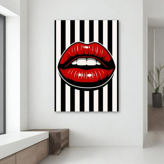 Velto Red Lips Woman Pop Art Canvas - Black & White Striped Wall Art, Bold Modern Gift For Her, Graphic Home Decor Canvas, 8x12 UNFRAMED