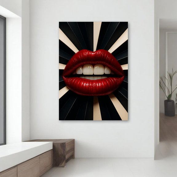 Velto Red Lips Woman Pop Art Canvas - Bold Modern Wall Art With Rays, Unique Gift For Her, Fashion-Inspired Home Decor Canvas, 8x10 UNFRAMED