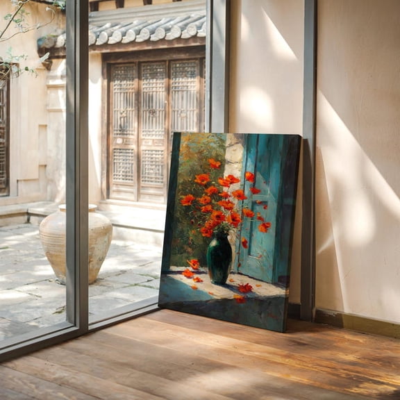 Velto Red Poppies in Green Vase by Blue Shuttered Window Canvas Art - Vintage Floral with Sunlight and Rustic Charm, SIZE 8x10 INCLUDE Pine Wood Frame 1.25-Inch