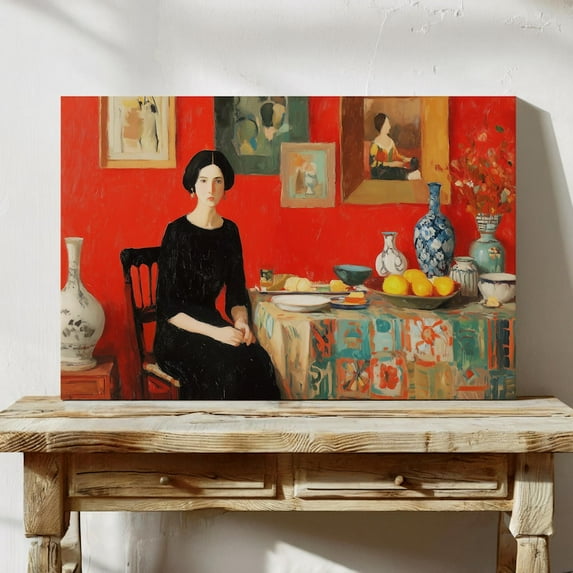 Velto Red Portrait Canvas, Elegant Figurative Wall Art, Bold Contemporary Bedroom or Living Room Decor, SIZE 16x24 INCLUDE Pine Wood Frame 1.25-Inch