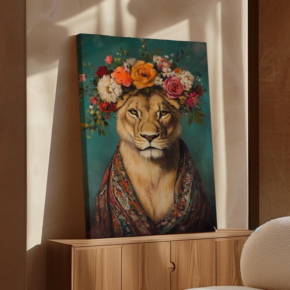 Velto Regal Lioness Floral Canvas Art - Majestic Lion In Crown Of Flowers, Vintage Boho Aesthetic, Animal Portrait Wall Decor For Nature Lovers Canvas, 8x12 UNFRAMED