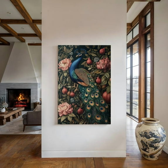 Velto Regal Peacock with Vibrant Feathers Amidst Lush Florals and Pomegranates Elegant Nature Canvas Art for Sophisticated Home Décor, SIZE 8x10 INCLUDE Pine Wood Frame 1.25-Inch
