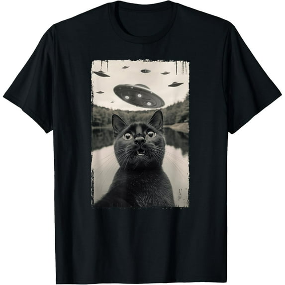 Velto Retro Black Cat UFO Encounters - UFO Black Cat Selfie T-Shirt All Size S-5XL