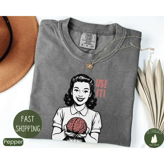 Velto Retro Brain Graphic Tshirt Use Your Mind Quote Vintage 50s Inspired Casual Outfit Thinker Gift Apparel Fullsize S-5XL Shirt