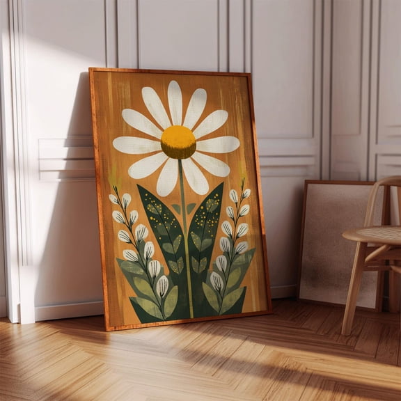 Velto Retro Daisy Wall Art – Mid Century Modern Flower Canvas With Burnt Orange Background, Bold Floral Canvas For Vintage Home Decor Canvas, 16x24 UNFRAMED