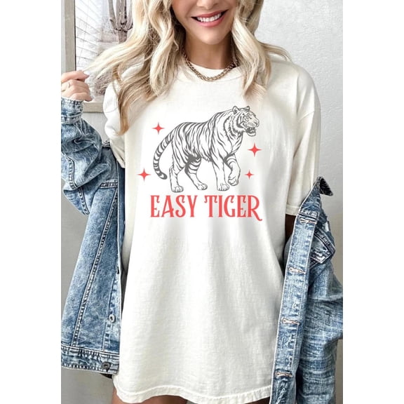 Velto Retro Easy Tiger Boho Shirt for Women Oversized Aesthetic Tiger Graphic Tee Indie Style Vintage Inspired Tshirt All Size S-5XL
