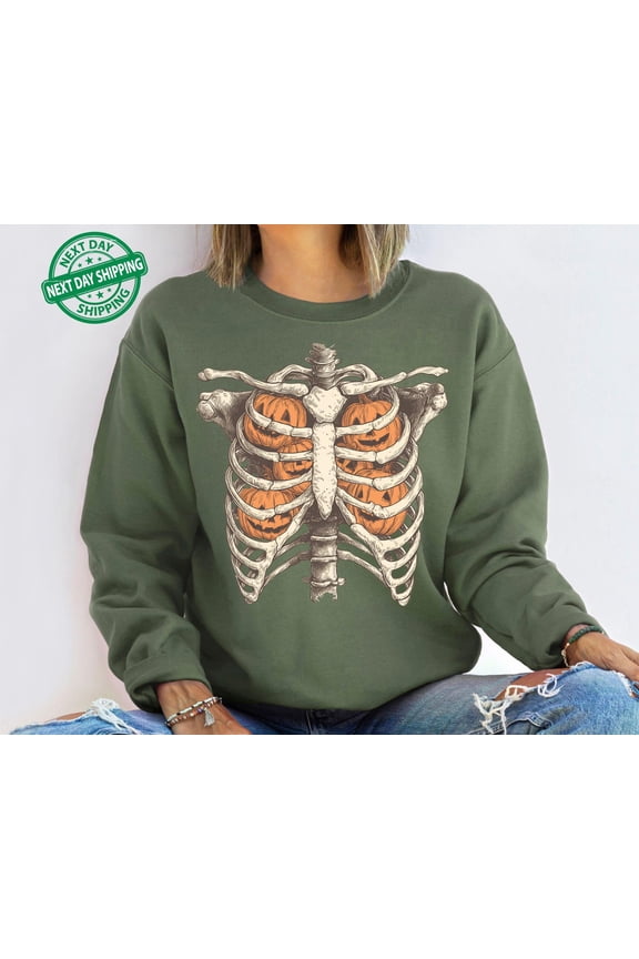 Ribcage Pumpkins Sweatshirt, Retro Happy Holiday Sweatshirt, Happy Holiday Skeleton Sweater, Spooky Season , Pumpkin Happy Holiday All Size S-3XL