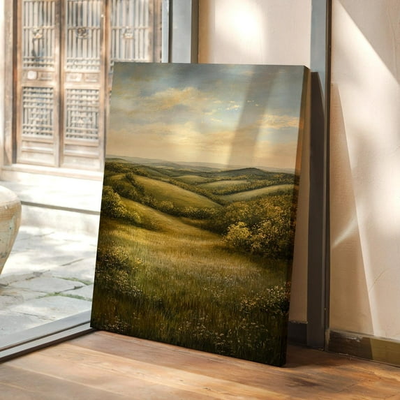 Velto Rolling Hills Landscape Canvas Art Vintage Countryside Golden Meadow Rustic Farmhouse Inspired Nature Wall Decor, SIZE 8x12 INCLUDE Pine Wood Frame 1.25-Inch