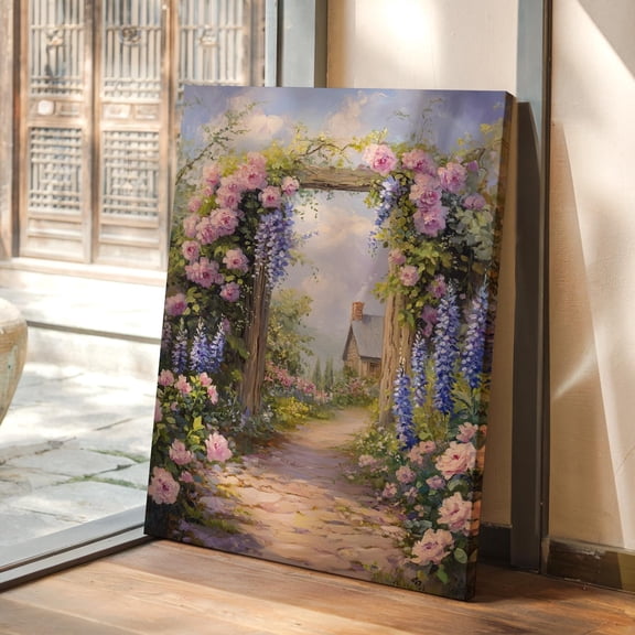 Velto Romantic Cottage Garden Canvas Art - Floral Archway, Vintage Wildflower Landscape for Country Home English Garden, SIZE 16x24 INCLUDE Pine Wood Frame 1.25-Inch
