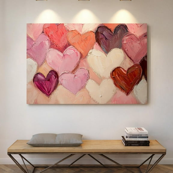 Velto Romantic Heart Canvas Art Abstract Pink and Red Heart Illustration Anniversary or Seasonal Wall Decor, SIZE 12x18 INCLUDE Pine Wood Frame 1.25-Inch
