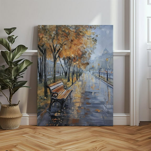 Velto Romantic Rainy Autumn Park, Fall Foliage Cityscape, European Street Scene, Victorian Home Wall Art Canvas, 8x10 0.75-Inch Pine Wood Frame