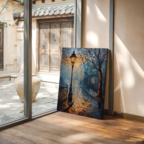 Velto Romantic Rainy Street Canvas Wall Art Blue Night City Alleyway with Streetlamp Urban Room Decor, SIZE 16x24 INCLUDE Pine Wood Frame 0.75-Inch