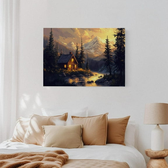 Velto Rustic Cabin Sunset Canvas Wall Art Mountain Lake with Cozy Log Cabin Warm Wilderness Glow, SIZE 16x24 INCLUDE Pine Wood Frame 1.25-Inch