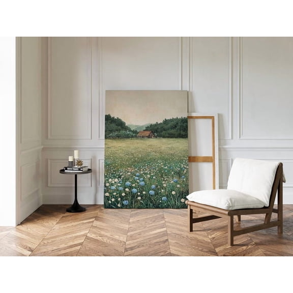 Velto Rustic Cabin in Wildflower Meadow Peaceful Countryside Landscape Canvas Wall Art with Blue Blossoms and Serene Forest Backdrop, SIZE 12x18 INCLUDE Pine Wood Frame 1.25-Inch
