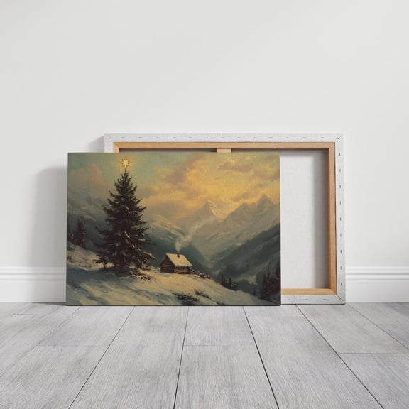 Velto Rustic Cabin in Snowy Mountain Sunset Canvas Art Peaceful Winter Wonderland Wall Decor, SIZE 8x12 INCLUDE Pine Wood Frame 1.25-Inch