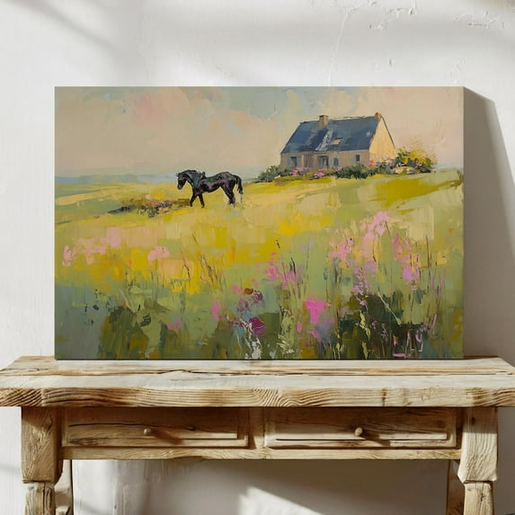 Velto Rustic Countryside Canvas, Horse and Cottage Landscape Wall Art, Peaceful Scenic Floral Decor, SIZE 16x24 INCLUDE Pine Wood Frame 1.25-Inch