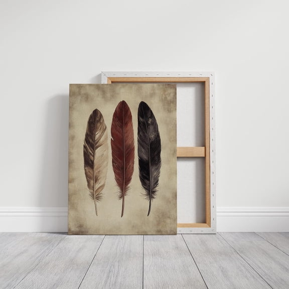 Velto Rustic Feather Trio Wall Art - Neutral, Red, And Black Feathers On Distressed Background - Boho-Inspired Canvas For Home Decor Canvas, 16x24 0.75-Inch Pine Wood Frame