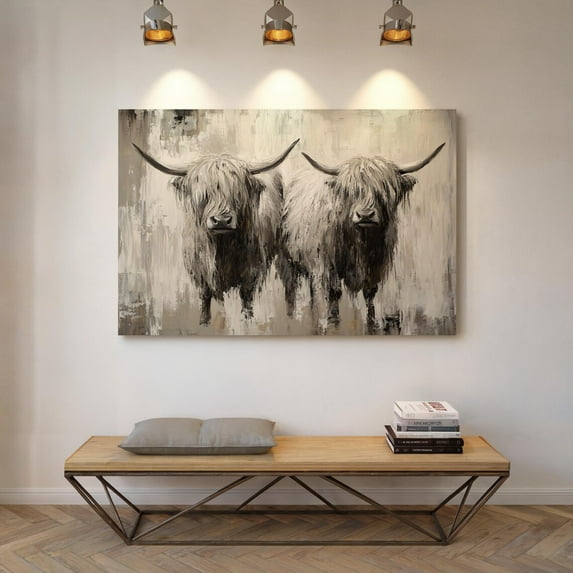 Velto Rustic Highland Cattle Canvas Art - Neutral Farmhouse Wall Decor for Living Room or Kitchen, SIZE 8x10 INCLUDE Pine Wood Frame 1.25-Inch