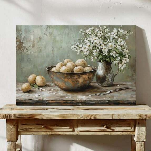 Velto Rustic Kitchen Still Life Canvas Art Vintage Bowl of Potatoes with Flowers Farmhouse Dining Room Wall Decor, SIZE 8x12 INCLUDE Pine Wood Frame 1.25-Inch