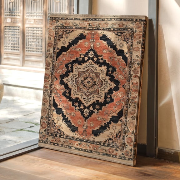 Velto Rustic Persian Canvas Wall Art | Vintage Rug-Inspired Medallion In Terracotta, Black & Ivory | Traditional Boho Decor Canvas, 16x24 UNFRAMED