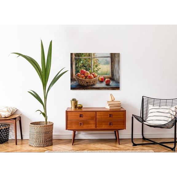 Velto Rustic Wicker Basket With Apples, Sunny Countryside Wall Art, Cozy Kitchen Or Sunroom Home Decor Canvas, 16x24 0.75-Inch Pine Wood Frame