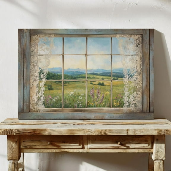 Velto Rustic Window View Canvas Art - Serene Countryside Landscape with Lace Accents, SIZE 16x24 INCLUDE Pine Wood Frame 1.25-Inch