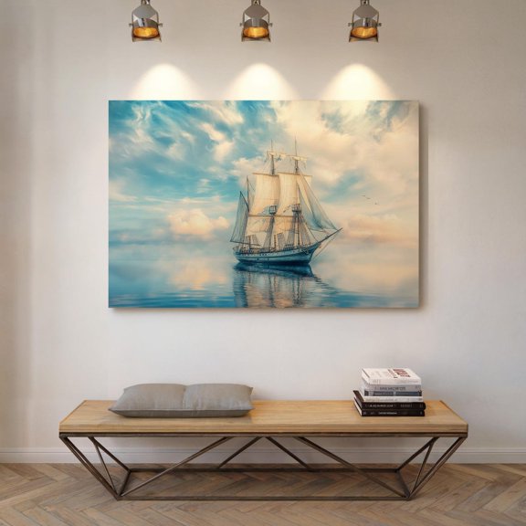 Velto Sailing Ship On Calm Waters With Reflections, Dramatic Sky And Gentle Clouds, Seascape Art Of An Old Tall Ship Canvas, 12x16 UNFRAMED