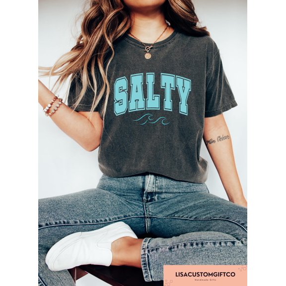 Velto Salty Women’s T-shirt, Beach Lover Flamingo Graphic Apparel, Summer Vacation Outfit, Preppy Casual Gift Clothing Fullsize S-5XL Shirt