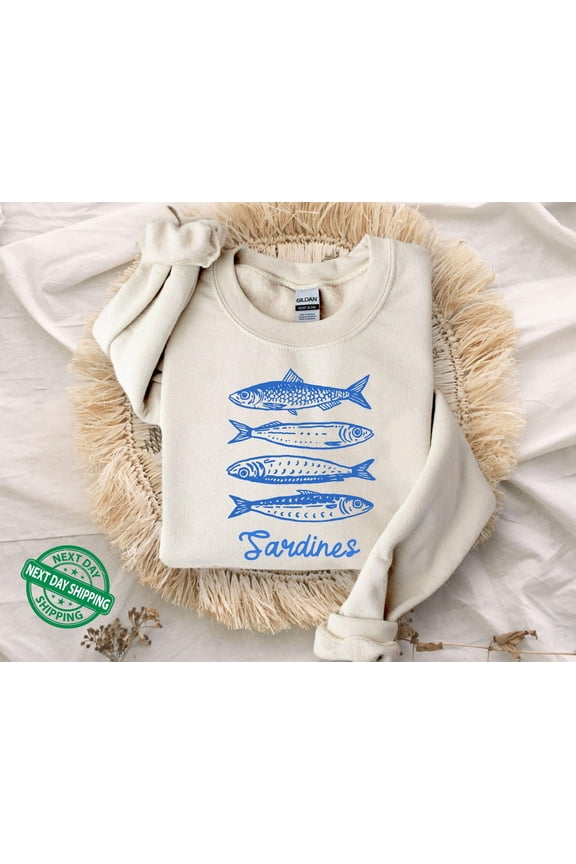 Sardines Sweatshirt, Fish Crewneck, Vintage Sardine, Coastal Aesthetic, Fish Sweater, Retro European,Foodie ,Travel Sweater,Preppy Top All Size S-3XL