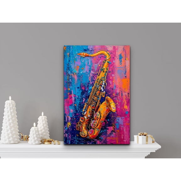 Velto Saxophone Canvas Art Pop Inspired Abstract Musical Instrument Illustration Bold Modern Wall Decor, SIZE 16x24 INCLUDE Pine Wood Frame 1.25-Inch