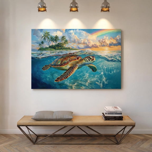 Velto Sea Turtle Canvas Art Vibrant Island Paradise Ocean Sunset Tropical Beach Coastal Nature Inspired Living Room Decor, SIZE 8x12 INCLUDE Pine Wood Frame 1.25-Inch