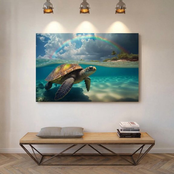 Velto Sea Turtle With Rainbow Modern Beach House Wall Art, Slate Blue And White Creature, Coastal Living Room And Gallery Wall Decor