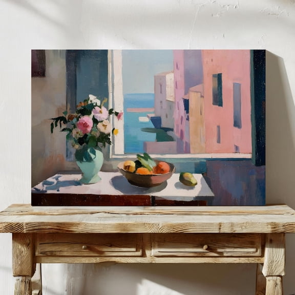 Velto Seaside Coastal Canvas, Ocean Window Wall Art, Lemon Still Life Mediterranean Kitchen Decor, SIZE 8x10 INCLUDE Pine Wood Frame 1.25-Inch