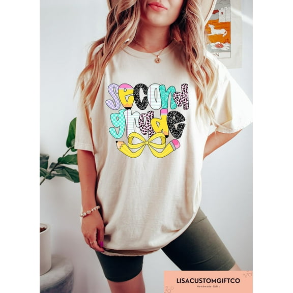 Velto Second Grade Teacher T-Shirt Retro Checkered Graphic Tee for Classroom and Teacher Gifts, Full Size S-5XL