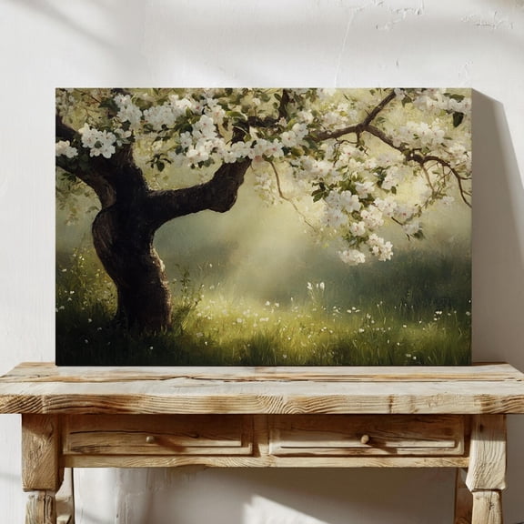 Velto Serene Apple Blossom Tree in Full Bloom with Sunlit Nature Background, SIZE 8x10 INCLUDE Pine Wood Frame 1.25-Inch