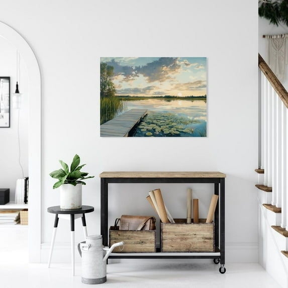 Velto Serene Lake Sunset And Lily Pads, Wooden Dock Landscape, Cozy Countryside, Peaceful Lodge Decor Canvas, 16x24 0.75-Inch Pine Wood Frame