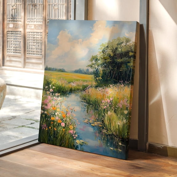 Velto Serene Pastoral Landscape Wall Art, Flowing Stream And Wildflowers Under Bright Sky, Living Room And Gallery Wall Decor