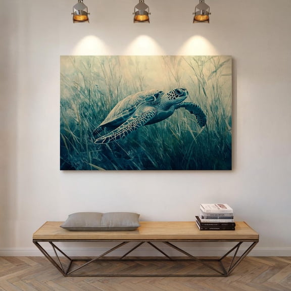 Velto Serene Sea Turtle Canvas Art - Underwater Ocean Scene, Wildlife Decor, Coastal Wall Art with Calming Aqua Turtle, SIZE 12x18 INCLUDE Pine Wood Frame 1.25-Inch