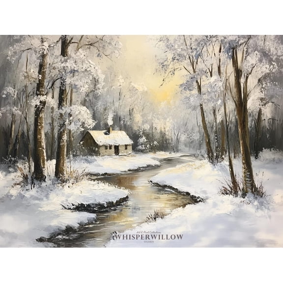 Velto Serene Winter Creek Cabin, Snowy Marsh Waters, Holiday Wall Decor, River Cabin Scene, Canvas, 8x12 0.75-Inch Pine Wood Frame