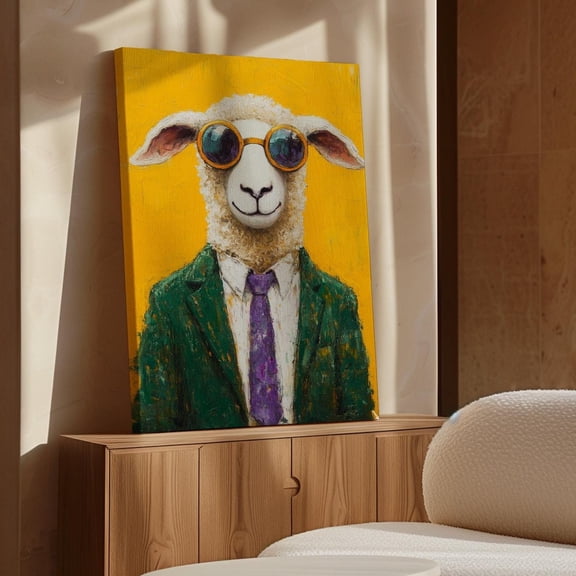 Velto Sheep Canvas Wall Art Chic Portrait with Sunglasses on Yellow Background Playful Rustic Room Decor, SIZE 12x18 INCLUDE Pine Wood Frame 0.75-Inch